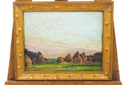 E Mignard, Haystacks at sunset, 1917, oil on panel, signed and dated lower right,