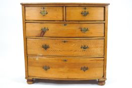 A 19th century pine bow fronted chest of two short and three long drawers, on bun feet,