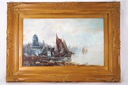 Possibly Continental school, Fishing boats in a harbour with a lighthouse, oil on board,