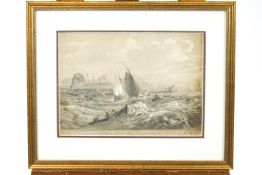 A pencil drawing with highlights 'Wind against Tide', Tilbury Fort, J C Burgess 1854,