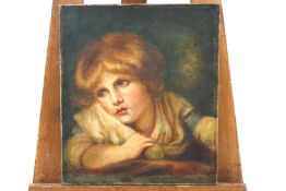 A 19th century portrait of a young girl with an apple, oil on canvas,