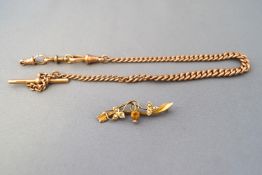 A rose metal graduated albert chain with Tbar and swivel clasp,