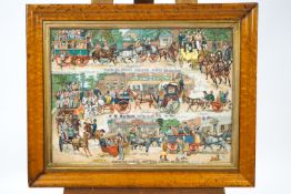 A Victorian chromo lithograph advertising P W Watson Carriage Builder, in burr maple frame,