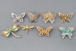 A collection of twenty costume brooches of butterfly, dragonfly and bumble bee design.