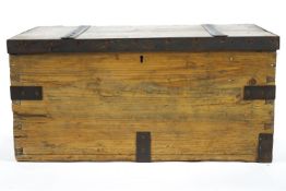 A wrought iron bound blanket box, of plain rectangular form,