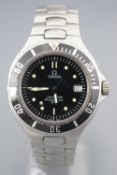 A stainless steel Omega seamaster wristwatch. Black dial with luminous markers and date feature.