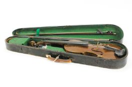 A Violin in case, together with three assorted bows, spare violin strings and other accessories