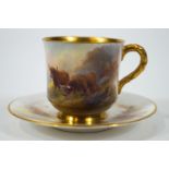 A Royal Worcester coffee cup and saucer painted in enamels with Highland Cattle,