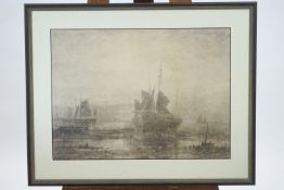 J Langstaffe, Coastal Shipping, pencil sketch, signed lower left, 41cm x 56cm,