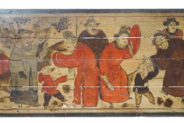 A pair of Chinese painted panels on boards, depicting the veneration of elders,