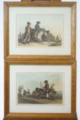 Two 18th century equine prints, donkeys taking milk and fabric to market,