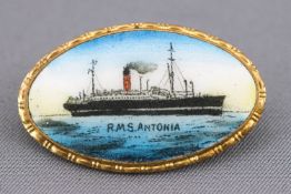 An enamelled metal oval brooch for the RMS Antonia