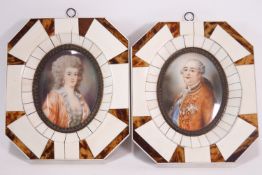 A pair of miniatures of a Lady and gentleman, in piano key frames,