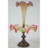 A Victorian table centre with central frosted glass flared vase above a bowl with metal mounts,