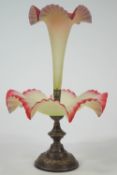 A Victorian table centre with central frosted glass flared vase above a bowl with metal mounts,