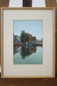 Andy Wood, Town scene from the river, acrylic, signed lower right,