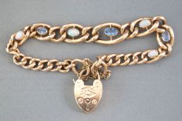 A rose metal graduated curb link bracelet set with oval faceted cut sapphires and cabochon cut opals