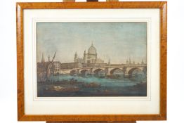 A framed hand coloured print of the Thames with St Pauls,