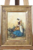 Charles H Parker, A Breton Lady knitting, watercolour, signed lower right,