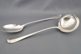 A silver Hanoverian rat tail pattern stuffing spoon and ladle, Sheffield 1910, 31cm long,