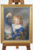 19th century school, A Boy in a blue jacket with a dog and cricket ball, watercolour,