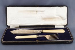 A cased set of ivory handled silver fish servers, of plain form, Sheffield 1929,