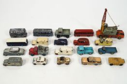 A quantity of play worn Dinky toys, together with a chrome plated figure of a lady,