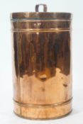 A copper bin and lid, of elongated form, the plain body decorated with two repousse bands,