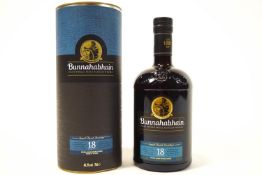 A bottle of Bunnahabhain 18 year old whiskey, boxed, bottled 20.