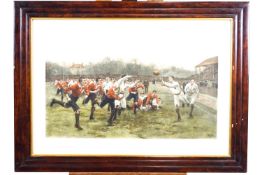 A coloured print, A Rugby match, after W B Wollen,