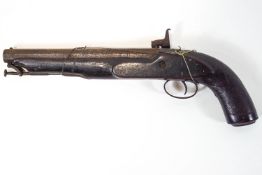 A single barrel percussion pistol with link swivel loading road,