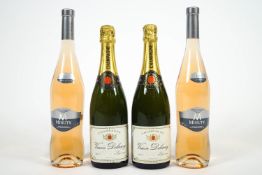 Two bottles of Veuve Delrcy Brut Champagne, three bottles of 1 litre Borgo Gavi 2017,