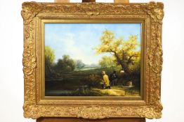 H Wheeler, two gentlemen and a companion fishing a river, oil on board, signed lower right,