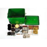 A box of fly fishing equipment including reels, fly boxes, flies wallet and live dryer