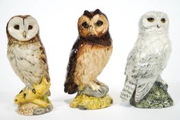 A group of three Royal Doulton china Whyte and Mackay whisky owl flagons