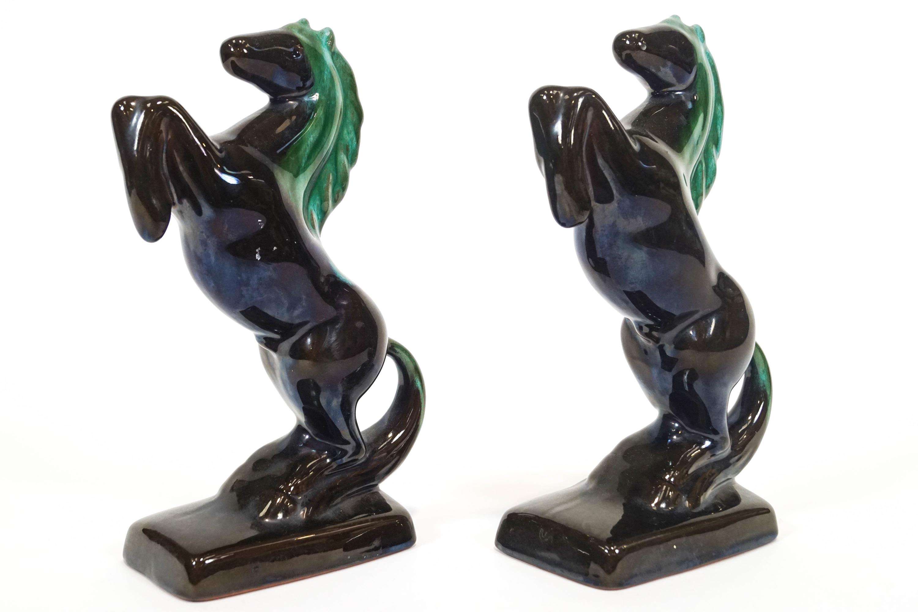 A pair of turquoise glazed Canadian Blue Mountain terracotta figures of rearing horses, - Image 2 of 2