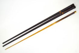 Two black Japanned metal cue cases, 154cm long,