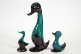 A streaked turquoise glazed Poole pottery figure of a stylised duck,