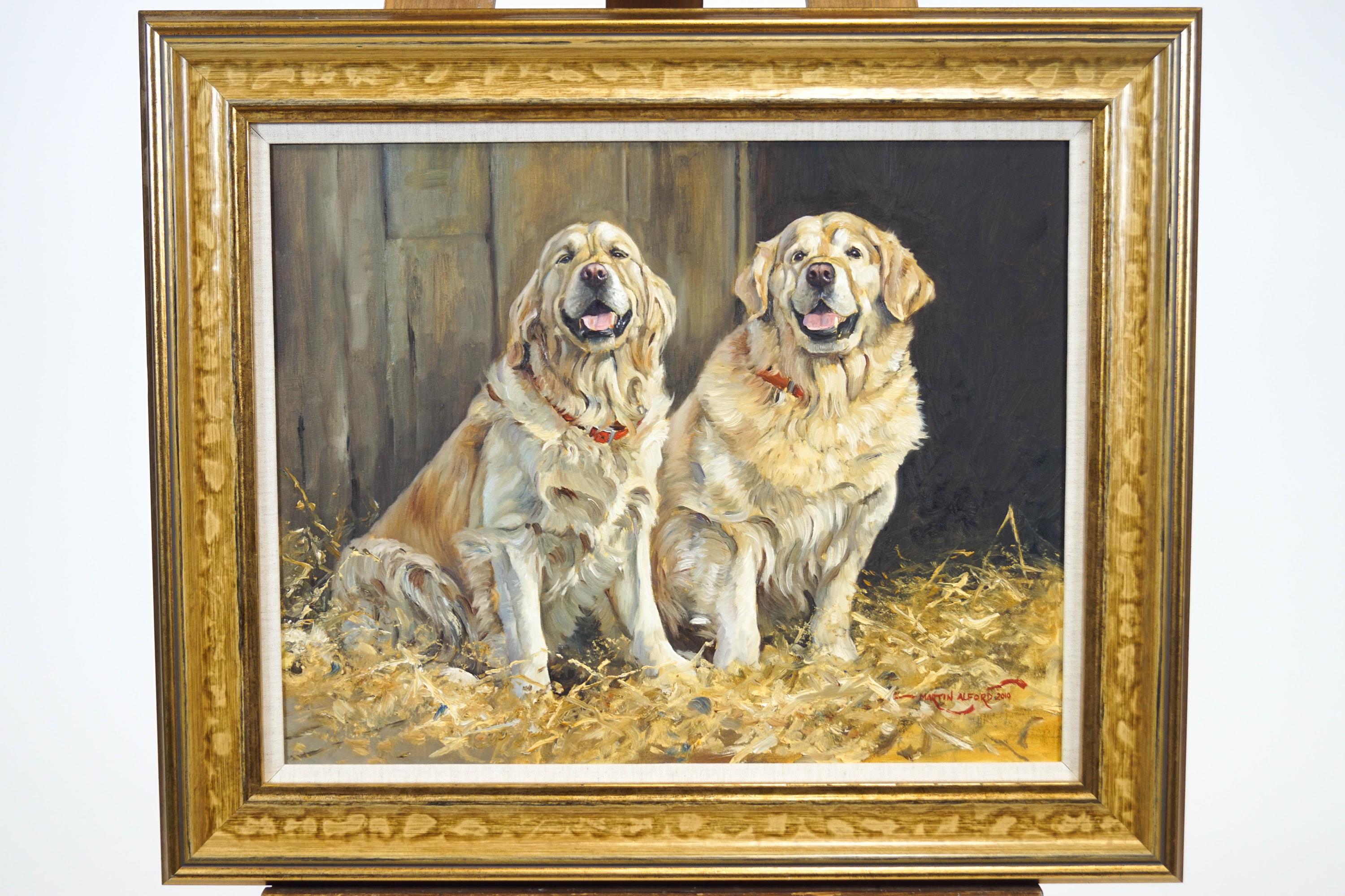 Martin Alford, Two Golden Retrievers in a Stable, oil on canvas, signed bottom right and dated 2010,