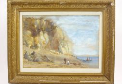 English School, late 19th century, Figures at the foot of the cliffs, watercolour and body colour,