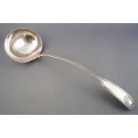 A silver soup ladle, double struck in the fiddle, thread and shell pattern.