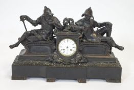 A Victorian bronze and slate mantel clock, the enamel dial signed Martin Baskett & Co,