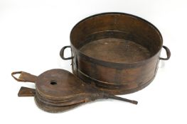 An iron bound two handled grain bucket, impressed with initials,
