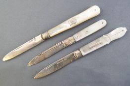 A mother of pearl handled silver bladed folding fruit knife, with bright cut highlighting,