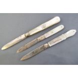 A mother of pearl handled silver bladed folding fruit knife, with bright cut highlighting,