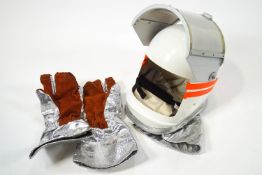 A crash airfield fire fighting helmet in white fibreglass (?), highlighted with orange banding,