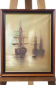 Barry Hilton, a moored frigate and other ships, oil on canvas, signed lower left,