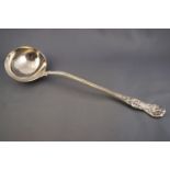 A substantial silver soup ladle, double struck in a contrived Queen's pattern and thread design,