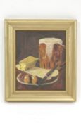 20th century School, Still Life with a pint of beer, oil on canvas, signed indistinctly lower right,