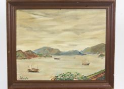 Staple, 20th century, Shipping in calm waters landscape beyond, oil on board, signed lower left,
